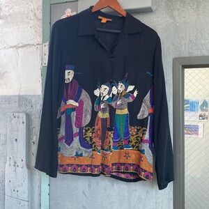 harari print button down silk shirt